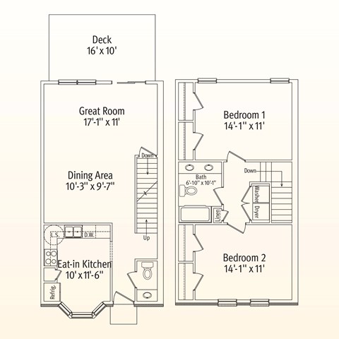 Floor plan for 2 beds, 1.5 baths, 1632 sqft